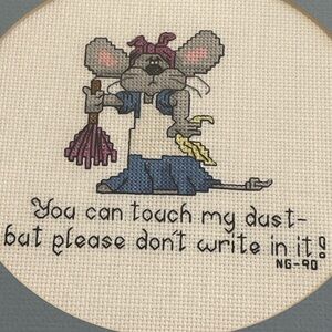 Adorable Mice doing Laundry & Dusting Cross Stitch Vintage Framed & Matted Oak